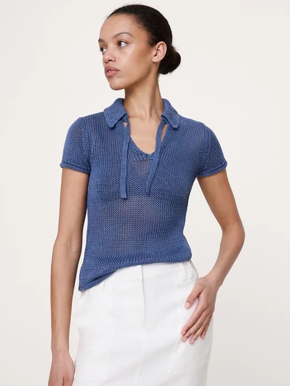 Banana Republic Heirloom Linen Tie Neck Polo Shirt Blue Women’s size Large